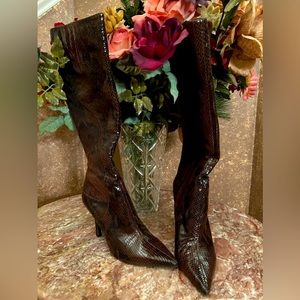 Brown leather knee high stiletto boots